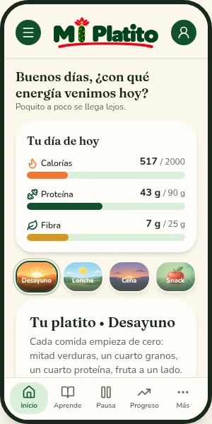 Pantalla actual de Mi Platito: tu día y tu plato. Ejemplo en español.